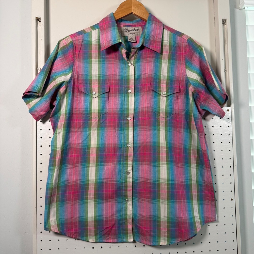 Wrancher by Wrangler Shirt Women's Plaid Pearl Snap Short Sleeve Western - Large